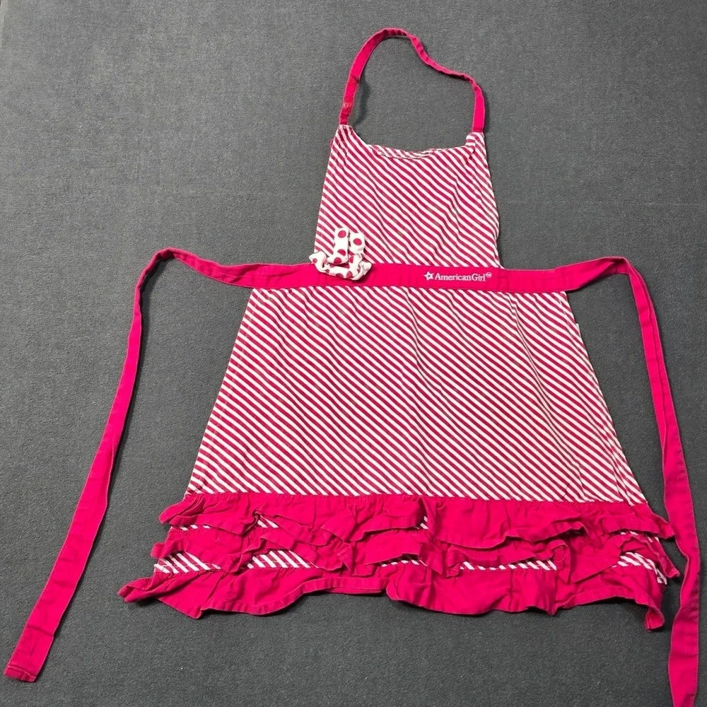 American Girl Doll Apron Red White Stripe Ruffle Waist Ties
